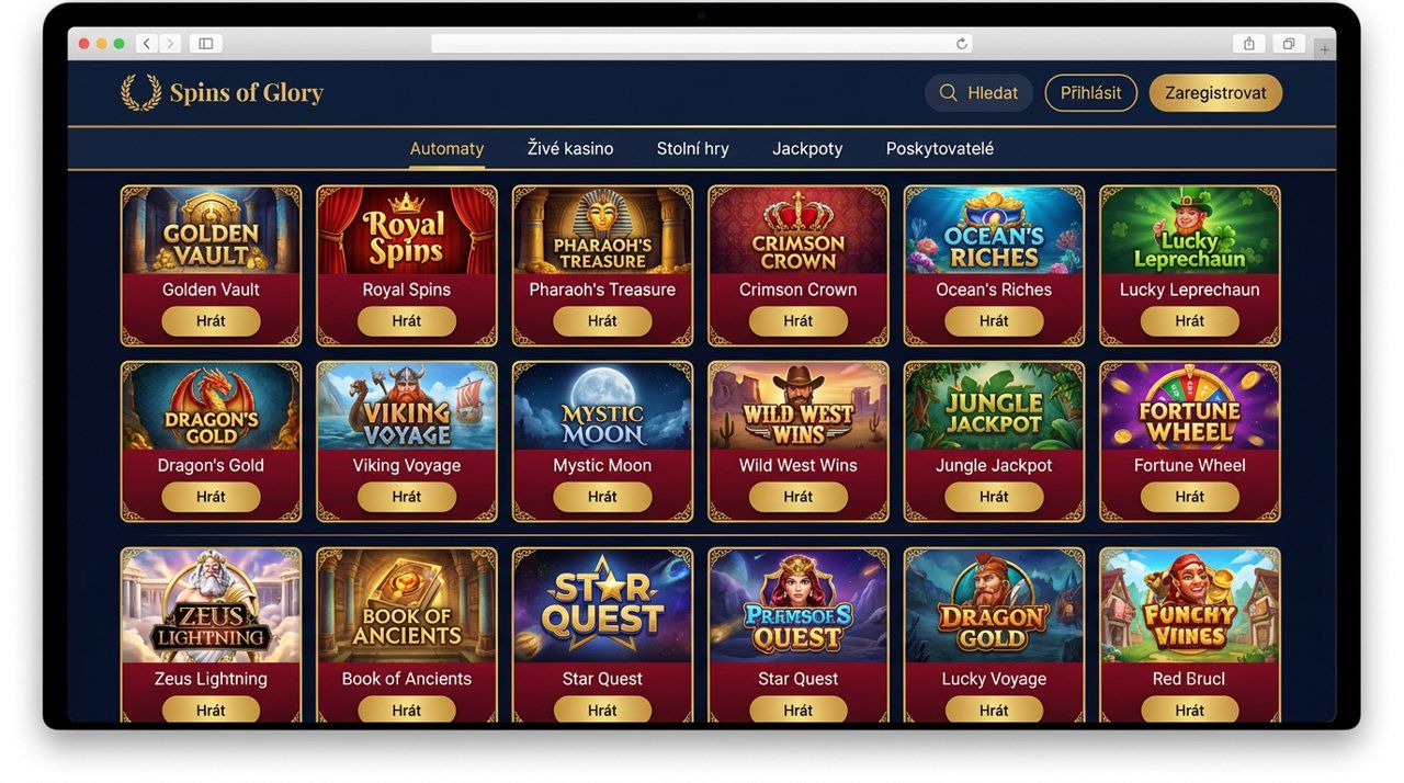 Úvodní stránka Spins of Glory casino s nabídkou automatů a živého casina