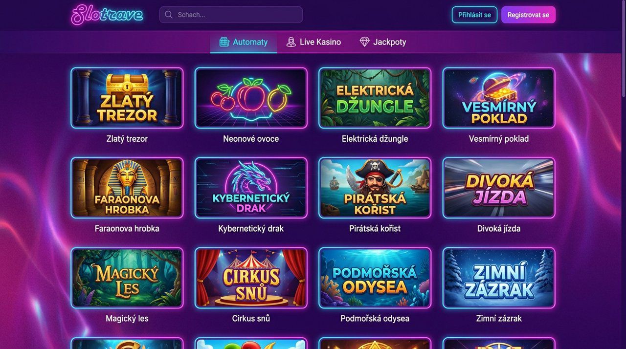 Úvodní stránka online casina Slotrave s nabídkou automatů a živého casina