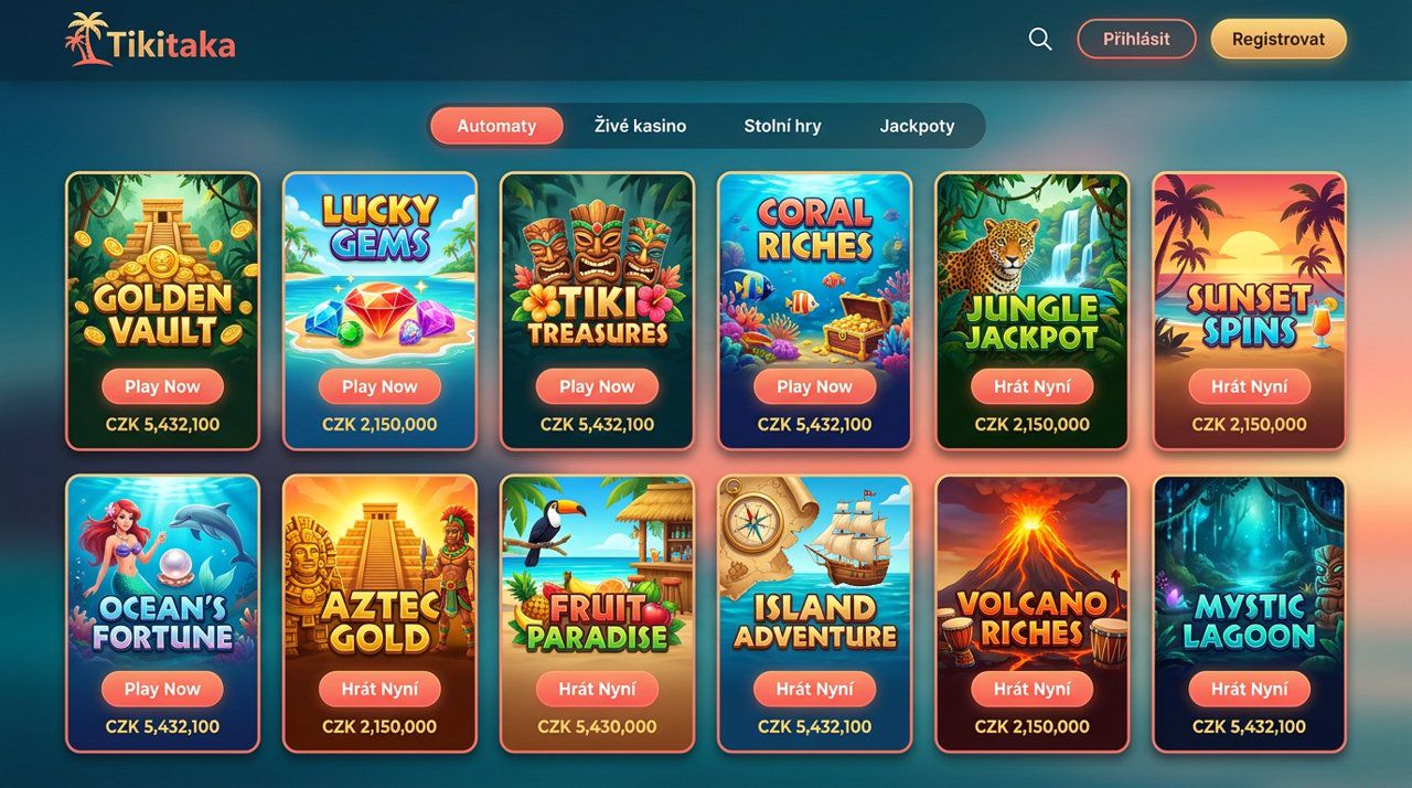 Úvodní stránka online casina Tikitaka s nabídkou automatů, živého kasina a jackpotů