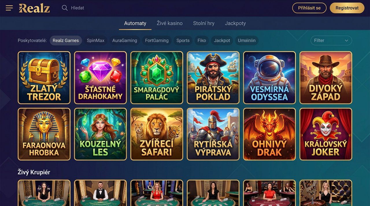 Úvodní stránka online casina Realz s nabídkou automatů, živého kasina a stolních her