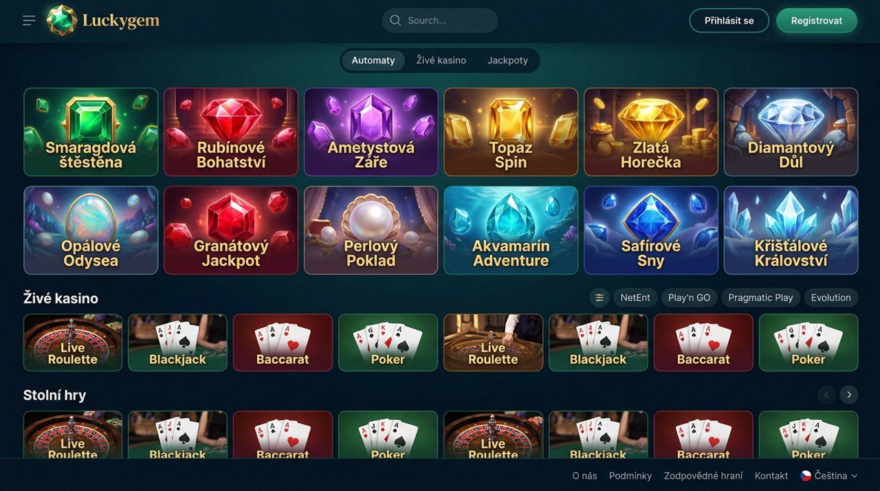 Úvodní stránka online casina Luckygem s nabídkou automatů, živého kasina a jackpotů