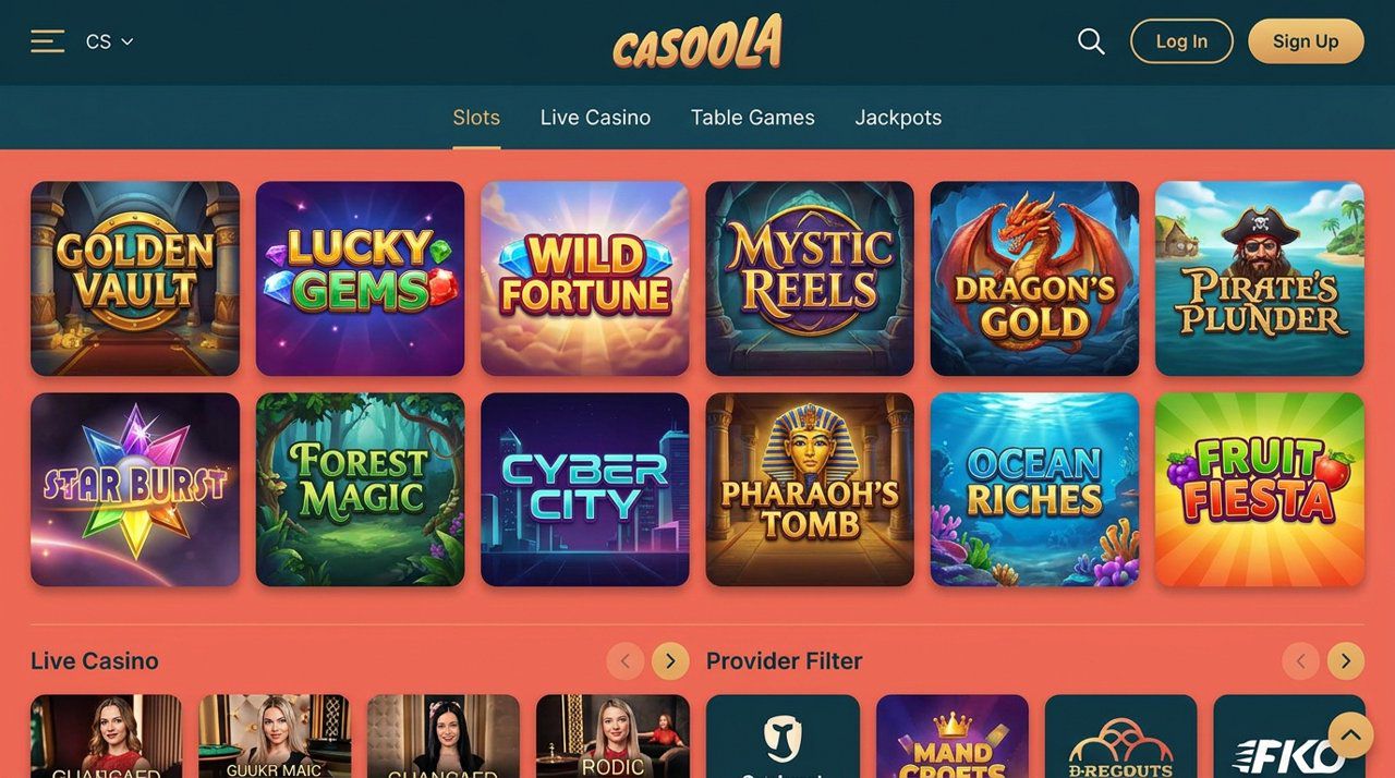 Úvodní stránka online casina Casoola s nabídkou automatů, živého casina a jackpotů